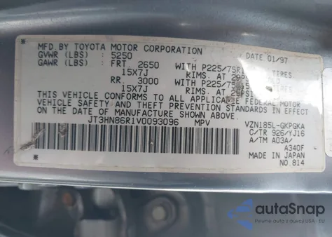 1997 Toyota 4Runner Sr5 V6 z USA, uszkodzony, nr VIN JT3HN86R1V0093096